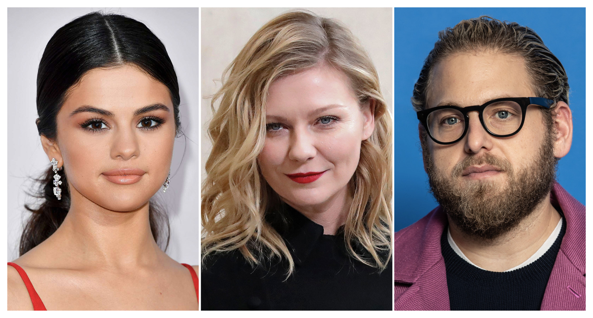 collage av selena gomez, kirsten dunst, och jonah hill