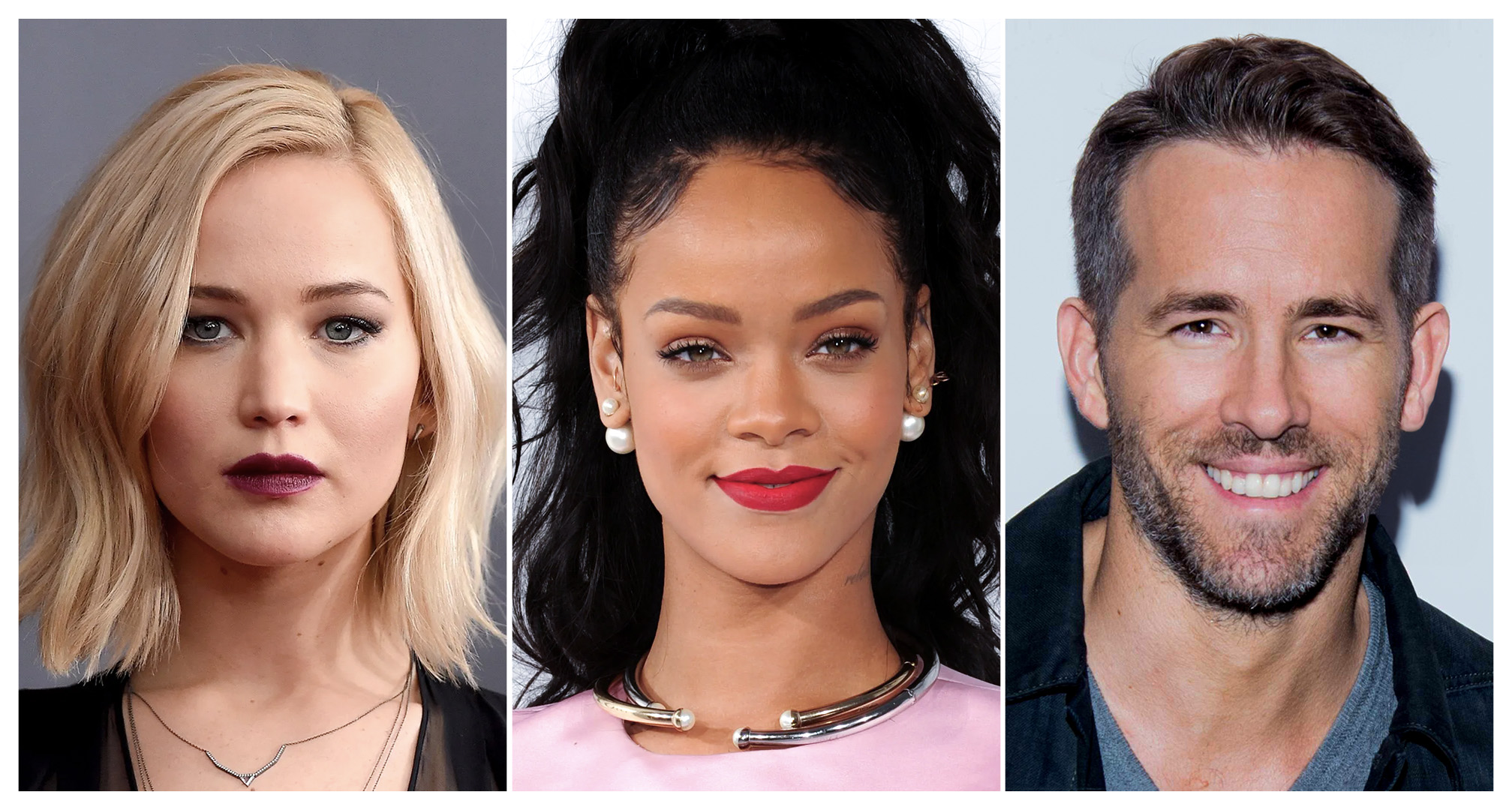 collage av jennifer lawrence, rihanna och ryan reynolds