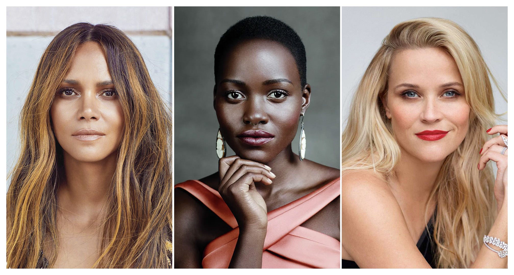 collage av halle berry, lupita nyong'o, and reese witherspoon