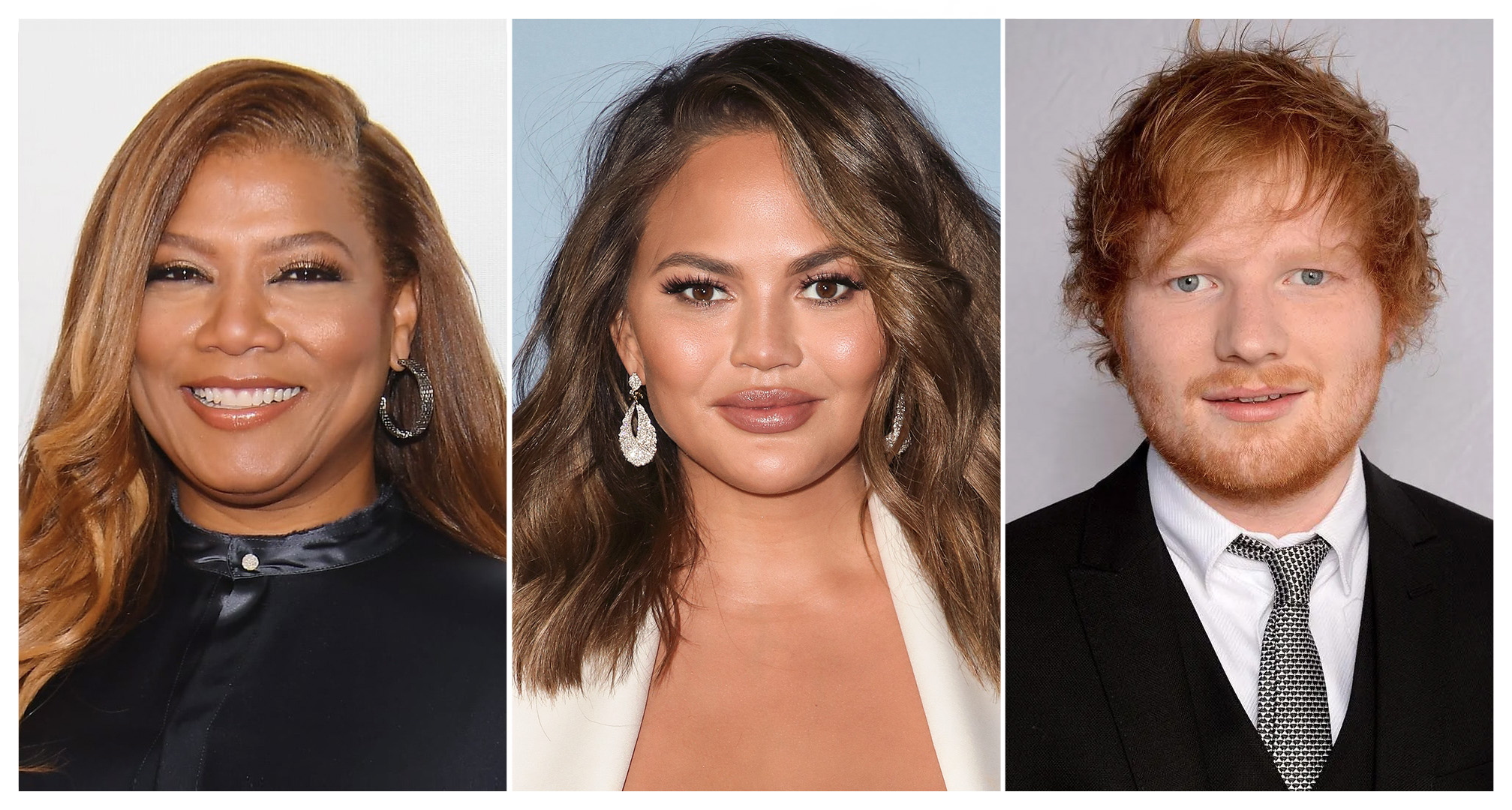 collage av queen latifah, chrissy teigen och ed sheeran.