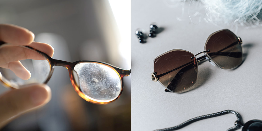 Två bilder av glasögon och solglasögon med repade glas.
